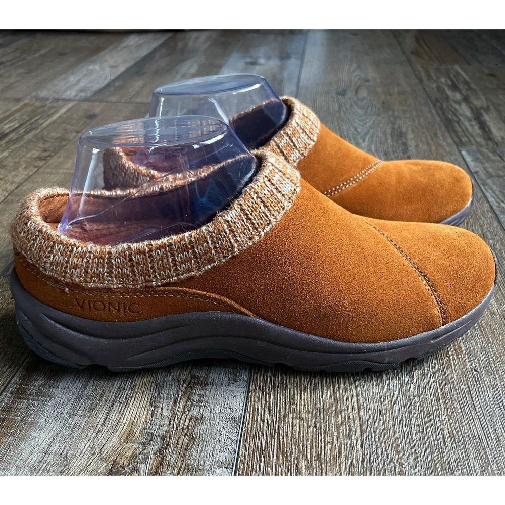 Vionic Arbor Brown/Tan Suede Clog Womens 8.5 Knit Collar Comfort Casual Earthy